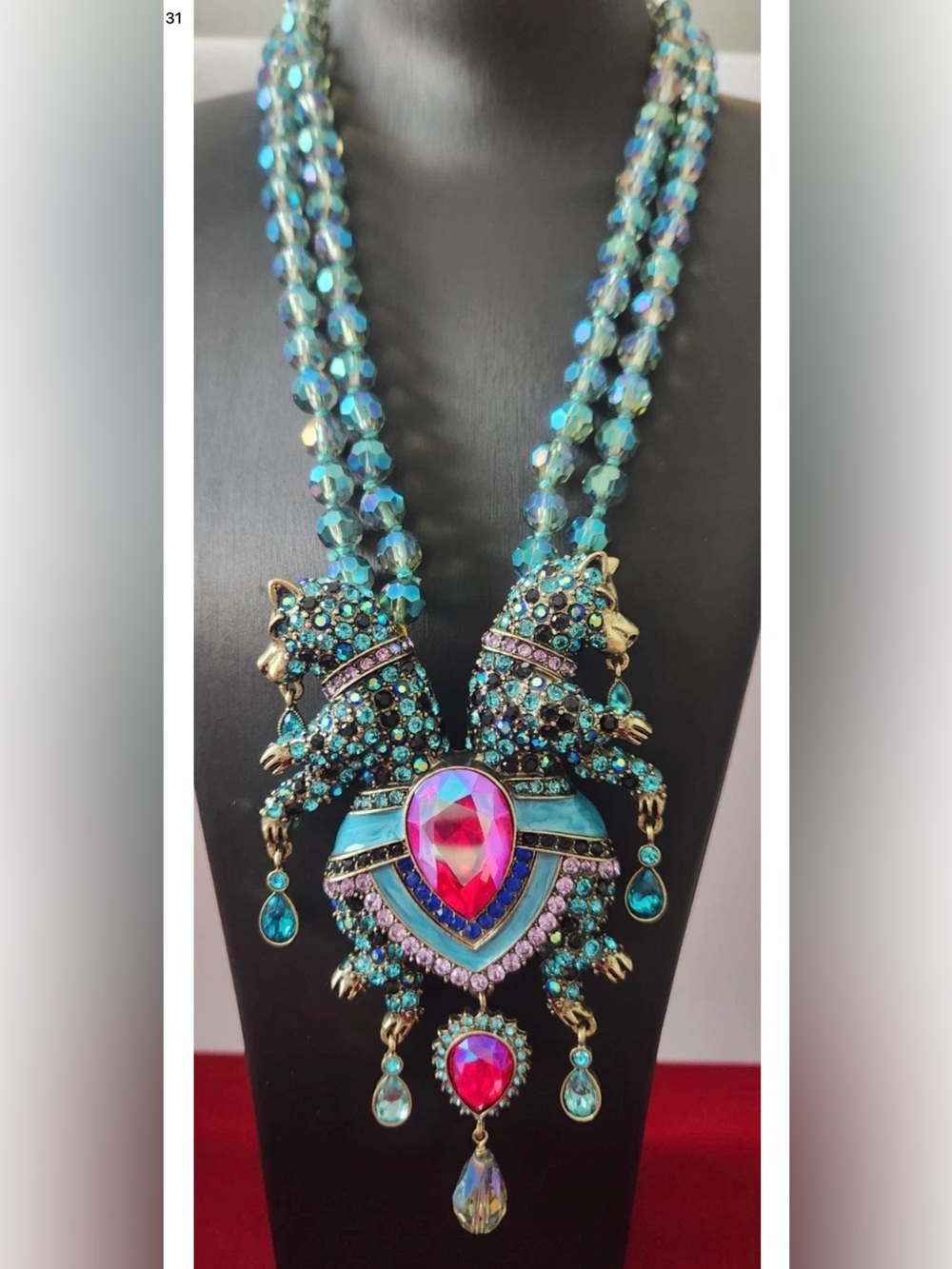 Heidi Daus “ FEARLESS FELINE  Aurora Teal and Pink Crystal Statement Necklace